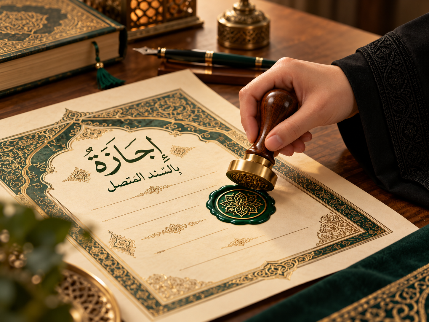 وثيقة إجازة قرآنية مكتوبة ويد تضغط ختم التوثيق